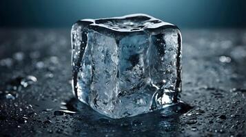 A high-resolution view of a melting ice cube with noticeable cracks and water pooling. photo