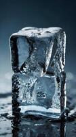 A macro view of an ice cube melting, displaying cracks and glistening water droplets. photo