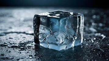 A detailed capture of a melting ice cube, showing fractures and water collecting on its surface. photo