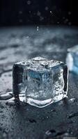 A close-up of a melting ice cube, with visible cracks and water forming around it. photo