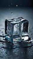 A high-resolution shot of a melting ice cube, showing fissures and droplets of water. photo