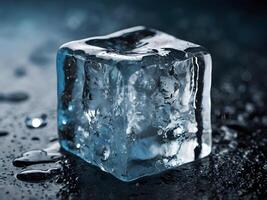 A detailed macro image of an ice cube melting, revealing cracks and water beads. photo