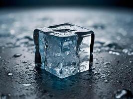 A close-up shot of a melting ice cube with visible cracks and water droplets. photo