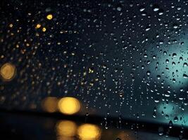 A macro capture of rain-covered car glass reflecting night lights. photo