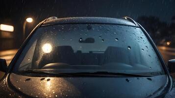 A sharp image of rain droplets on a car window, illuminated by night lights. photo