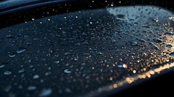 A macro shot of rain beads resting on a windshield against a dark night backdrop. photo