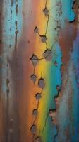 A high-definition image of scorched metal with vivid oxidation patterns. photo