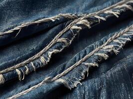A macro image of distressed denim fabric with loose, fraying threads. photo
