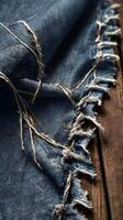 A close-up shot of frayed denim fabric with visible loose threads. photo