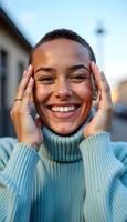 A graceful mature woman poses with her hands in artistic forms, adding depth and expression to this captivating portrait. photo