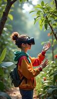With VR glasses on, a person enjoys a realistic forest adventure, exploring nature virtually while admiring trees and embracing a serene digital environment. photo