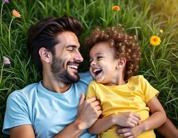 This cheerful top-view image highlights a parent and son enjoying a peaceful moment on a vibrant green lawn, symbolizing outdoor happiness and family connection. photo