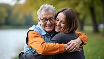 This emotional image highlights a gray-haired senior lovingly hugging their son, reflecting deep family connection and affection. photo
