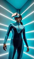 A tech-savvy woman engages with AR gadgets, wearing VR glasses and a gaming helmet, boxing with controllers in a fully immersive virtual reality metaverse. photo