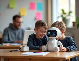 In a state-of-the-art innovation lab, a smiling boy interacts with an illuminated AI robot, discovering advanced technology in a modern learning environment. photo