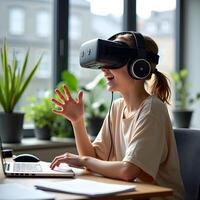 In a modern office, a smiling professional engages with a virtual reality simulator, using cutting-edge technology for work and creative solutions. photo