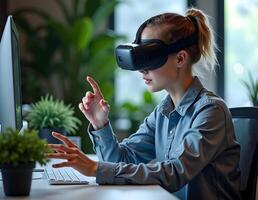 A business professional with a smile gestures as they interact with a virtual reality simulator in a sleek office, exploring immersive technology for work and innovation. photo