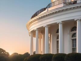The White House is illuminated by a soft morning glow, with a gradient sky creating the perfect backdrop for Presidents Day messaging. photo