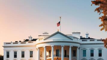 The White House basks in the warmth of morning light, surrounded by a gradient sky that makes it ideal for Presidents Day text. photo