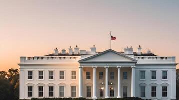 The White House is gently illuminated by a warm morning glow, with a gradient sky that sets the stage for Presidents Day text. photo