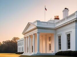 The White House stands bathed in the warmth of the morning light, with a smooth gradient sky, perfect for overlaying Presidents Day text. photo