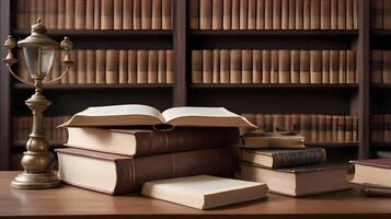 A historical library filled with American documents and classic books, creating space for Presidents Day messaging. photo