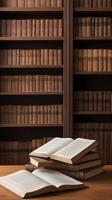 A dignified library setting filled with rows of classic books and American history documents, leaving room for Presidents Day messaging. photo
