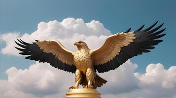 A detailed view of a golden eagle sculpture, wings wide open, with a soft-focus cloud backdrop, perfect for Presidents Day messaging. photo