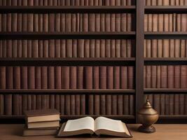 A scholarly environment with shelves of classic literature and historical American documents, offering space for Presidents Day text. photo