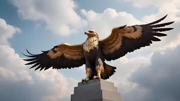 A detailed shot of a golden eagle statue, wings outstretched, with soft clouds in the backdrop, perfect for Presidents Day text. photo