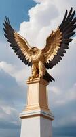 A close-up of a golden eagle statue, wings extended, with soft clouds in the background, providing space for Presidents Day messaging. photo