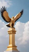 A sharp shot of a golden eagle with wings spread wide, set against soft-focus clouds, ideal for adding Presidents Day content. photo