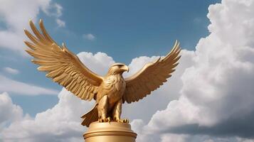 A detailed shot of a golden eagle statue, wings spread, set against a cloud-filled sky with soft focus, leaving room for Presidents Day copy. photo