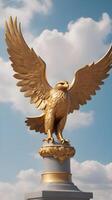 A golden eagle statue, wings spread majestically, with a soft-focus sky in the background, perfect for overlaying Presidents Day text. photo