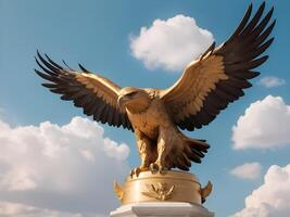A close-up of a golden eagle statue with outstretched wings, set against blurred clouds, perfect for Presidents Day text. photo