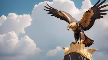 A close-up of a golden eagle statue with wings open wide, against a soft-focus cloud background, ideal for Presidents Day content. photo