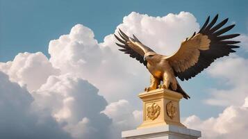 A detailed image of a golden eagle statue with its wings spread, set against soft clouds, ideal for incorporating Presidents Day content. photo