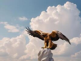 A golden eagle statue, wings extended in full flight, captured in a close-up shot, with soft-focus clouds providing space for Presidents Day copy. photo