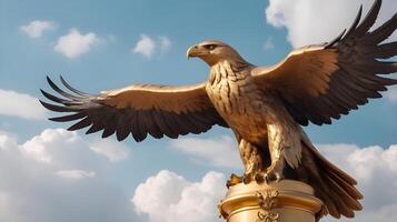 A detailed shot of a golden eagle statue, wings wide open, against a soft-focus sky, leaving space for Presidents Day messaging. photo
