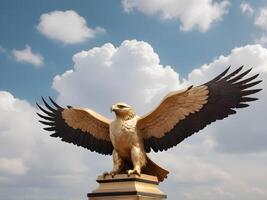 A close-up of a majestic golden eagle statue with wings spread wide, complemented by soft-focus clouds, leaving room for Presidents Day text. photo