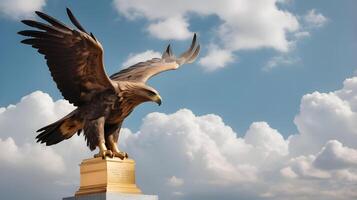 A detailed image of a golden eagle statue, wings spread in flight, with soft clouds in the background, ideal for overlaying Presidents Day text. photo