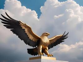 A sharp shot of a golden eagle statue with its wings outstretched, set against a blurred cloud backdrop, offering space for Presidents Day copy. photo