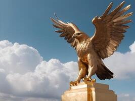 A close-up of a golden eagle statue with wings extended, against soft-focus clouds, perfect for adding Presidents Day text. photo