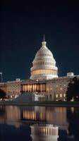 A dazzling night view of the U.S. Capitol, aglow with light, and a blurred foreground for Presidents Day messaging. photo