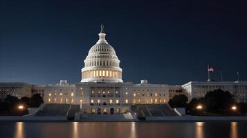 A striking nighttime image of the U.S. Capitol, illuminated with warmth, with a soft-focus foreground ideal for Presidents Day text. photo