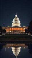 A captivating night view of the U.S. Capitol, glowing warmly, with a soft-focused foreground ideal for Presidents Day text. photo