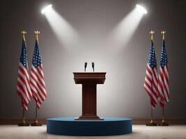 A presidential podium with fine detailing, spotlighted and featuring a subtle patriotic design, leaving space for text for Presidents Day. photo