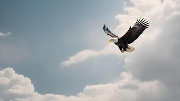 A powerful bald eagle soaring through a soft-focus cloudscape, perfect for Presidents Day copy. photo