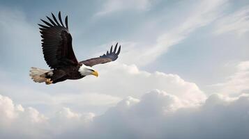 A bald eagle soaring high in a soft-focus cloudy sky, leaving space for Presidents Day content. photo