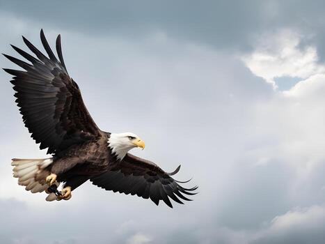 A majestic bald eagle in flight through a cloudy sky, softened for adding Presidents Day text. photo